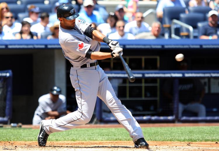 POWER: Alex Rios hit a three-run homer off Andy Pettitte on route to a 7-6 Jays victory. (Jim McIsaac/Getty Images)