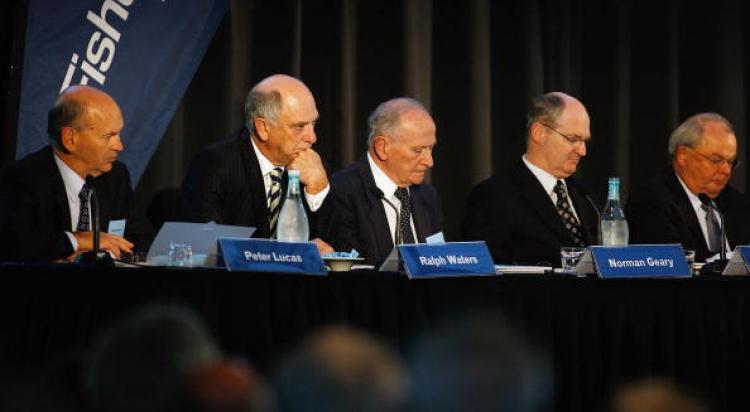 (L-R) Directors Peter Lucas, Ralph Waters, Norman Geary, CFO Mark Richardson and Chairman Gary Paykel.  Fisher & Paykel hold their Annual General Meeting at Ellerslie Convention Centre on August 17, 2009 in Auckland, New Zealand.  (Hannah Johnston/Getty Images)