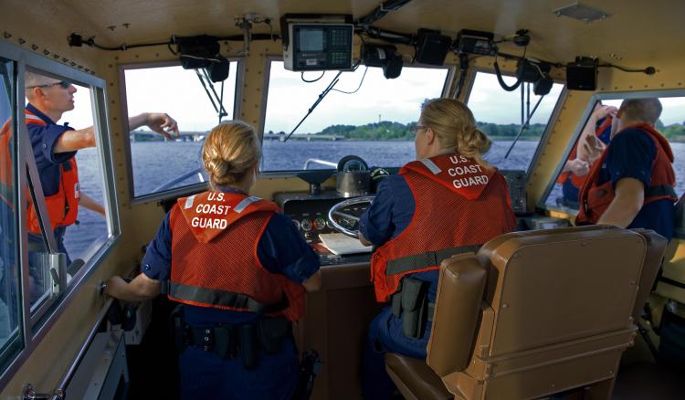 A U.S. Coast Guard boat patrolling the waters of Chesapeake Bay outside Baltimore on routine duty. (Paul J. Richards/AFP/Getty Images)