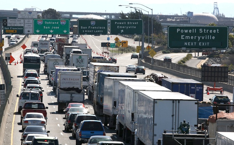 Traffic backs up on westbound Interstate 80 as safety cones block the entrance to the the San Francisco Bay Bridge in Emeryville, California, on Oct. 28, 2009. According to a recent report, San Francisco-Oakland is in one of the three most congested metropolitan areas in the country. (Justin Sullivan/Getty Images)