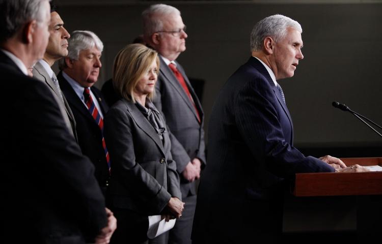 House Republican Conference Chairman Mike Pence speaks at a news conference on the Climategate scandal, energy issues, and President Obama's trip to Copenhagen, in Washington D.C. on Dec. 8.  (Chip Somodevilla/Getty Images)