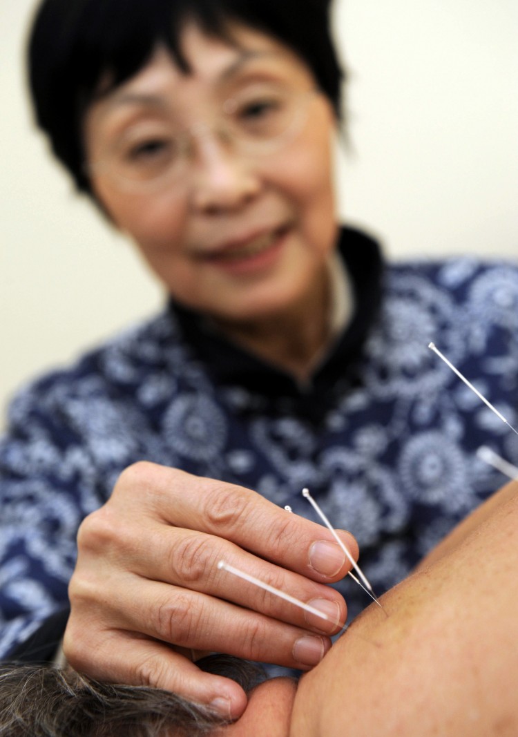 Chinese doctor Wenjun Zhang positions acupuncture needles on the back of a patient at the newly opened centre for traditional Chinese medicine (TCM) in Offenbach, western German on February 12, 2010. (Thomas Lohnes/AFP/Getty Images)