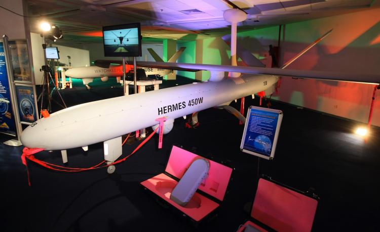 EYE IN THE SKY: An Israeli Hermes 450W drone by Elbit Systems is displayed during a presentation to the media of products manufactured by the international defense electronics company in Haifa on Febr. 25, 2010.   (Jack Guez/Getty Images)