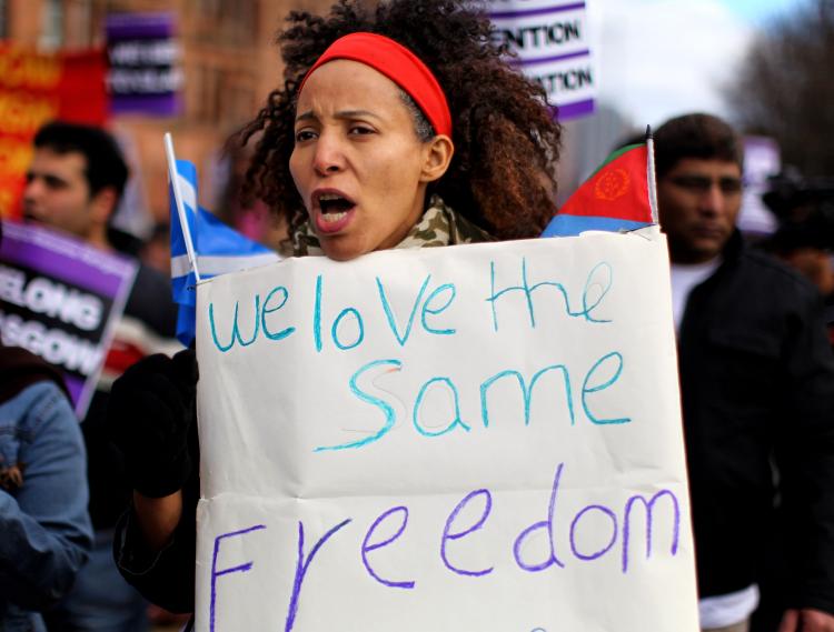 Asylum seekers who apparently jumped to their deaths from Red Road flats in Glasgow on March 7 were the subject of a rally of around 200 people who marched to the city's George Square on March 14, 2010. (Photo by Jeff J Mitchell/Getty Images)