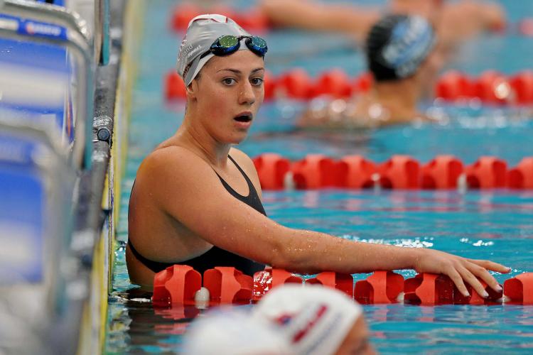 Australia's Stephanie Rice stands in her lane after finishing her heat of the women's 200 metre individual medley at the Australian Swimming Championships and Selection Trials for the Delhi Commonwealth Games, in Sydney on March 16, 2010. (GREG WOOD/AFP/Getty Images)