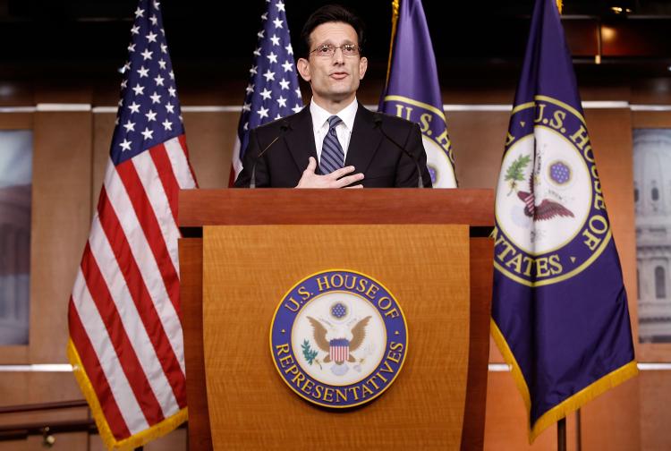 Congressman Eric Cantor (R-Va.) talks about a shot fired at his campaign office. The shot was later found to be random, but a man was arrested on March 29 for making a video threat against Cantor. (Chip Somodevilla/Getty Images)