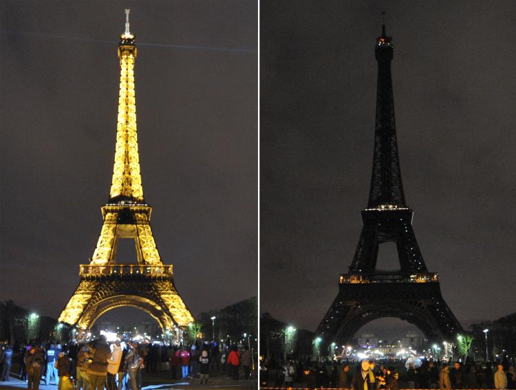 A combo shows the Eiffel tower submerging into darkness at 8:30 pm (local time) on Mar. 27, 2010. (Bertrand Langlois/AFP/Getty Images)