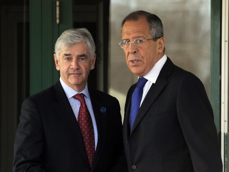 Canadian Foreign Minister Lawrence Cannon(L) greets Russian Foreign Minister Sergey Lavrov at the Chateau Cartier prior to meeting of the G8 nations in Gatineau, Quebec on March 30, 2010. Iran's nuclear ambitions took center stage at a Group of Eight foreign ministers summit on global security and terrorism, overshadowed by the deadly Russian subway blasts. (Timothy A. Clary/AFP/Getty Images)