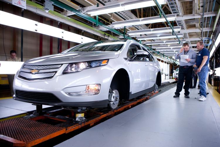 GM'S FUTURE: In this handout image provided by General Motors, The first pre-production Chevrolet Volt is on the assembly line at the Detroit-Hamtramck manufacturing plant on March 29 in Detroit.