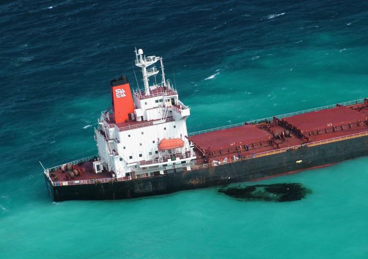 Fuel oil leaks from the Shen Neng 1, a Chinese-registered bulk coal carrier aground in the Great Barrier Reef Marine Park off the coast of central Queensland, Australia. (Maritime Safety Queensland via Getty Images)