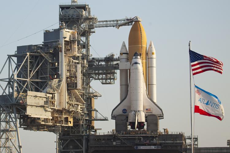 Space Shuttle Atlantis sits on launch pad 39-a at Kennedy Space Center after being rolled out atop the crawler transporter on April 22, 2010, in Cape Canaveral, Florida. (Matt Stroshane/Getty Images)