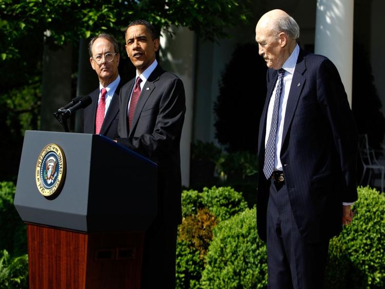 BRING DOWN THE DEBT: President Barack Obama (C) speaks as cochairmen of the National Commission on Fiscal Responsibility and Reform Erskine Bowles (L) and Alan Simpson (R) listen in the Rose Garden on April 27.  (Alex Wong/Getty Images)