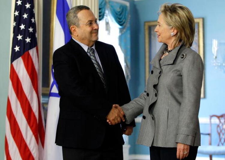 U.S. Secretary of State Hillary Clinton shakes hands with Israeli Defense Minister Ehud Barak after a meeting at the State Department April 27, in Washington, DC. (Alex Wong/Getty Images)