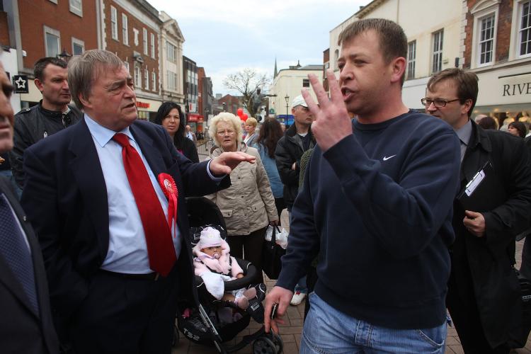 Labour MP John Prescott (L) being questioned on employment and immigration issues as he campaigned on April 28, 2010 in Dudley, England. (Christopher Furlong/Getty Images)