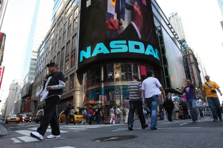 The Nasdaq building in Times Square last Thursday, when the markets tanked almost 1,000 points briefly.  (Daniel Barry/Getty Images )