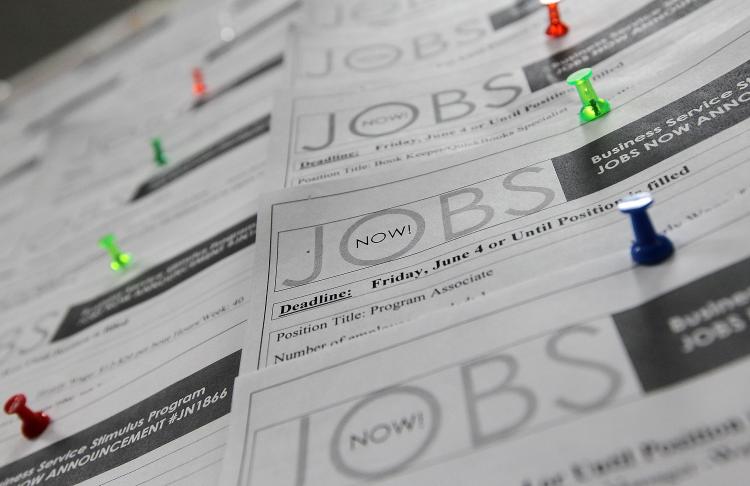Job listings are posted on a bulletin board at the Career Link Center One Stop job center in SF California. US Economy Adds Jobs, While Unemployment Rate Rises To 9.9 Percent. (.Justin Sullivan/Getty Images)