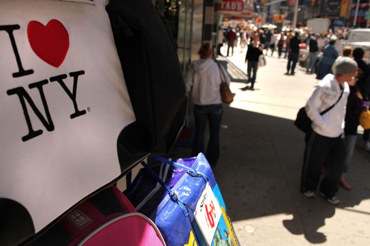 A bag bearing the 'I Love New York' logo is displayed at a store in Times Square on May 10, 2010 in New York City. (Spencer Platt/Getty Images)