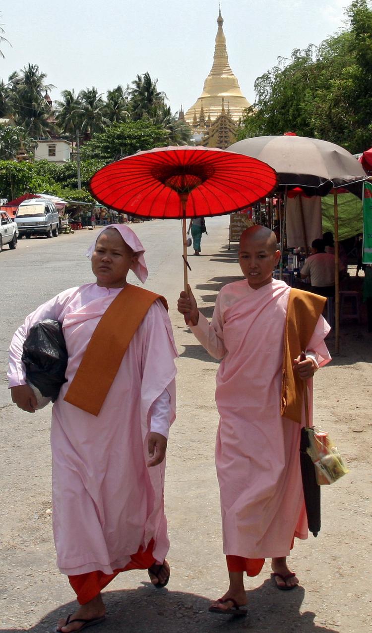 Buddhist nuns protect themselves from the sun with a parasol as they walk along a street in Yangon on May 10, 2010.  (AFP/AFP/Getty Images)