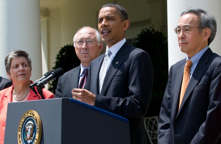 President Barack Obama speaks alongside members of his administration, including Secretary of Homeland Security Janet Napolitano (L), Interior Secretary Ken Salazar (2nd L) and Energy Secretary Steven Chu (R), in Washington, DC, May 14, after a meeting to (Saul Loeb/Getty Images)