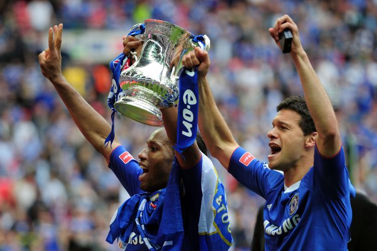 WEMBLEY: Didier Drogba and Michael Ballack of Chelsea celebrate winning the FA Cup (Shaun Botterill/Getty Images)