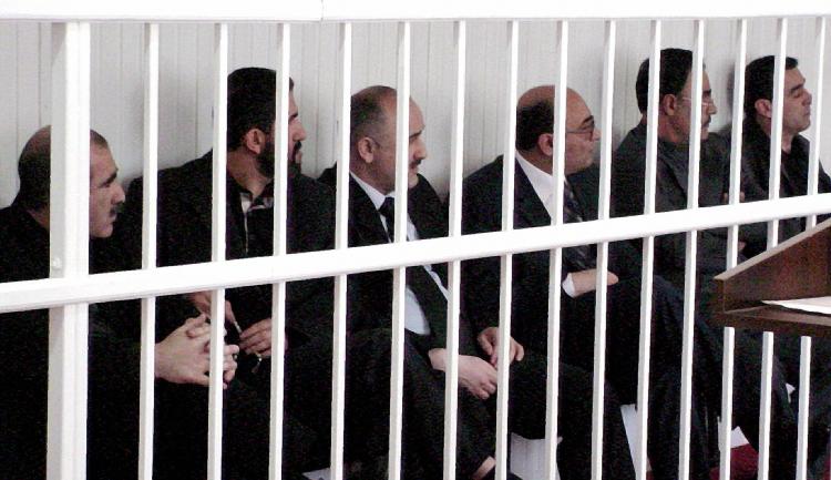 BAKU, AZERBAIJAN: six of seven Azerbaijan opposition leaders during their trial in Baku, on May 7, 2004. International human rights groups condemned the Azerbaijan government over the long-term imprisonment of the prominent journalist Eynulla Fatullayev. (AFP/Getty Images )