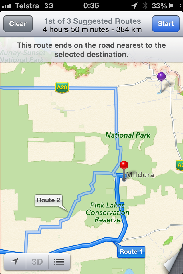A photo of the Apple Maps route to Mildura that was diverted to Murray-Sunset National Park, which has rugged terrain and temperatures in excess of 110 degrees Fahrenheit. (Screenshot by The Epoch Times) 