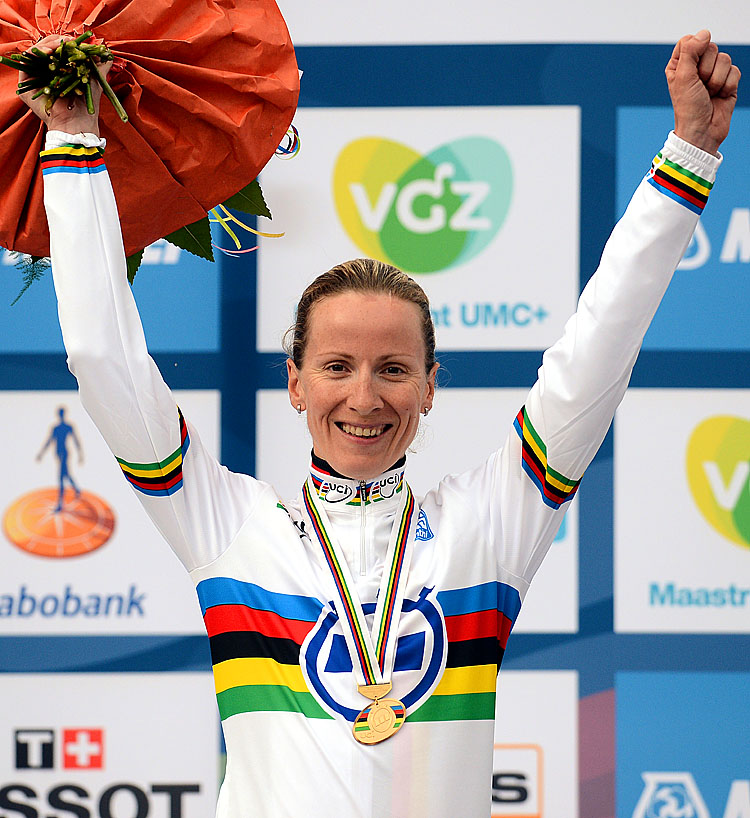 Judith Arndt of Germany retained her world title in the Elite Women's Individual Time Trial on day three of the UCI Road World Championships in Valkenburg, Netherlands. (Franck Fife/AFP/GettyImages)