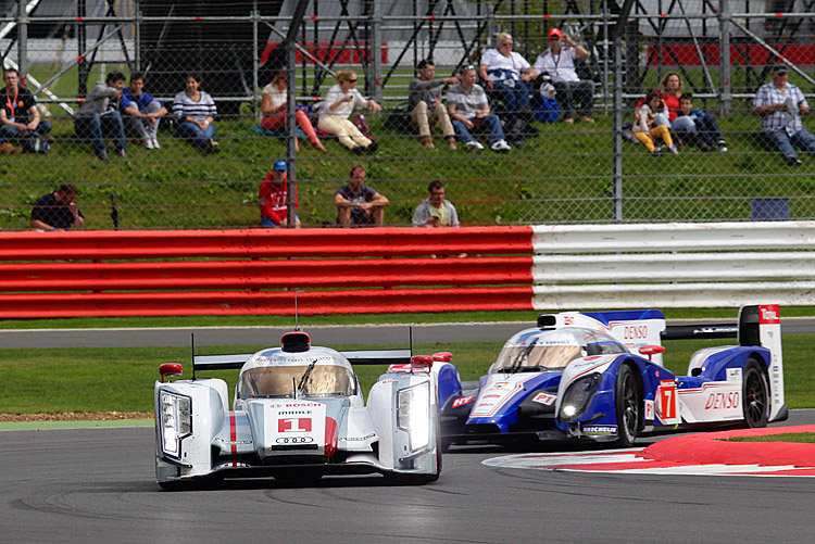 Audi's #1 R18 e-tron quattro hybrid finished first Six Hours of Silverstone, Round Four of the World Endurance Championship. Toyota's TS030 Hybrid took second ahead of the second Audi. (Audi Motorsports)