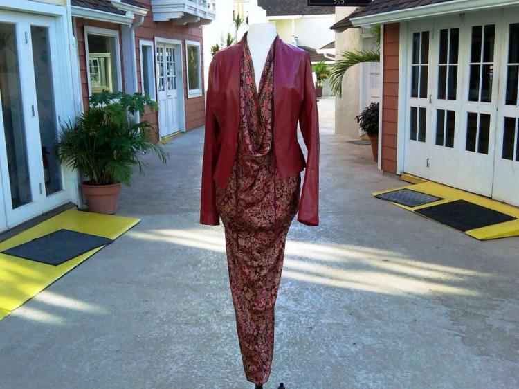 Balinese gown with red leather jacket. (Photo by Arid Chappell, styled by Shannon Hemmesch )