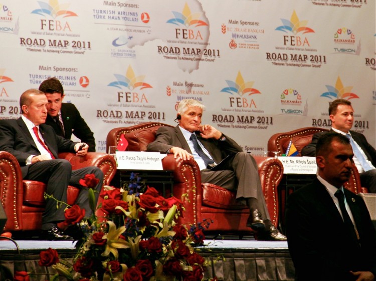 (L to R) Prime Minister of Turkey Recep Tayyip Erdogan, Nikola Spiric Chairman of the Council of Ministers of Bosnia and Herzegovina, and Nikola Gruevski, prime minister of Macedonia prepare for their speeches on Sept. 22 at the Balkan Leaders Summit at Javits Center in New York. (Shannon Liao/The Epoch Times)