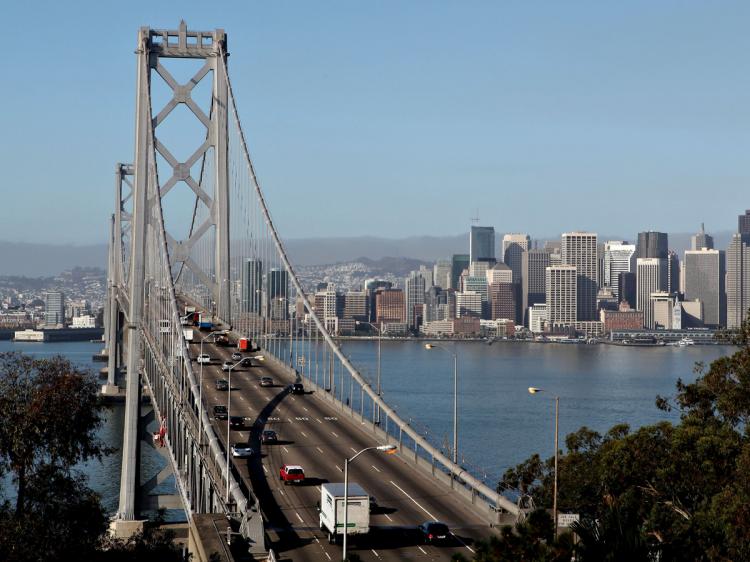 San Francisco Bay Area commuters were able to drive across the San Francisco Bay Bridge this morning after emergency repairs were conducted to fix a crack in a two inch thick steel link. (Justin Sullivan/Getty Images)