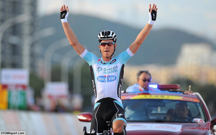 Tony Martin crosses the finish line victorious in Stage two of the Tour of Beijing. (omegapharma-quickstep.com)