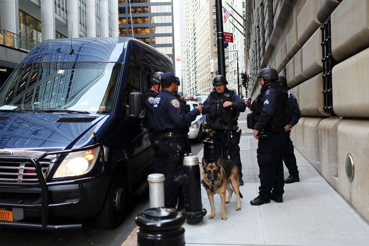 Police stand in front of the Federal Reserve Bank in New York City on Oct. 17. A Bangladeshi national was arrested by Federal Authorities for allegedly plotting to blow up the Federal Reserve Bank. (Spencer Platt/Getty Images)