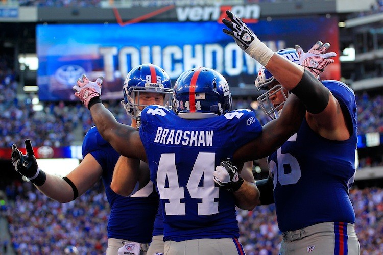 Ahmad Bradshaw (44) celebrates one of his three touchdowns as the New York Giants defeat the Buffalo Bills 27-24. (Chris Trotman/Getty Images)