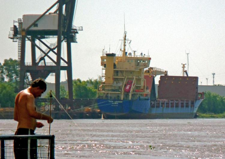 The Thor Leader is seen docked with its cargo deck open at Campana harbor, some 44 miles north-east of Buenos Aires, on Feb. 11. Tensions between Argentina and Britain rose Thursday after Buenos Aires blocked a shipment of pipes it said was bound for the Falklands archipelago. Britain plans to begin drilling for oil in the disputed territory that the two countries went to war over in 1982. (Martin Seguin/AFP/Getty Images)