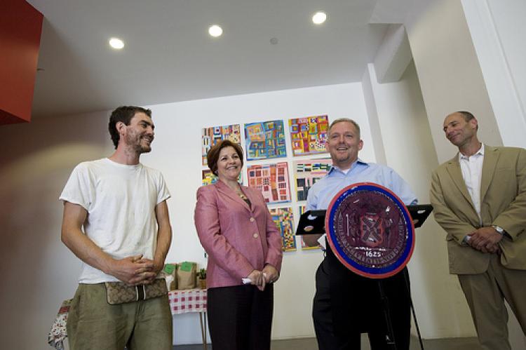 From left: Councilman Jimmy Van Bramer, head farmer Ben Flanner, City Council Speaker Christine Quinn (William Alatriste)