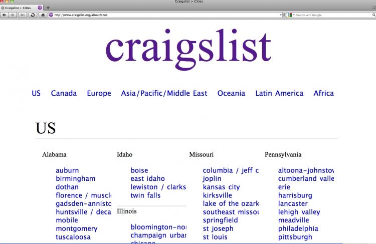 A screen shot taken of Craigslist.org home page.