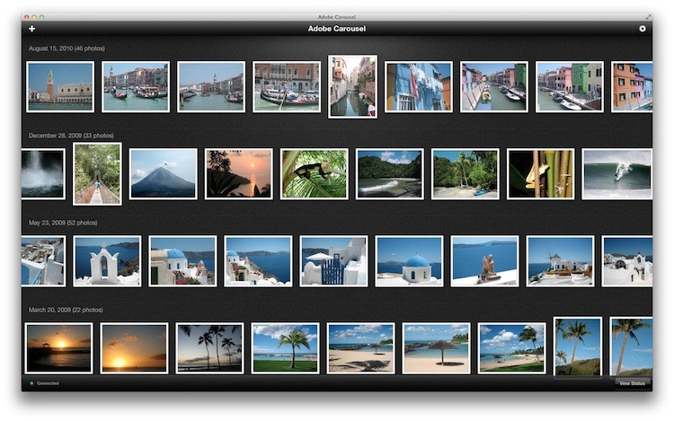 The main screen is shown in Adobe Carousel. The cloud-based application allows users to sync images between their computers, iPhones, or iPads, and to share images with friends automatically. (Courtesy of Adobe)