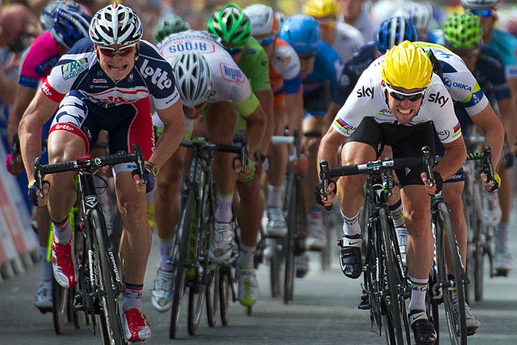 Sky's Mark Cavendish (R), sprints to the finish line ahead of Lotto's Andre Greipel (L) at the end of Stage Two Tour de France. (Lionel Bonaventure/AFP/GettyImages)