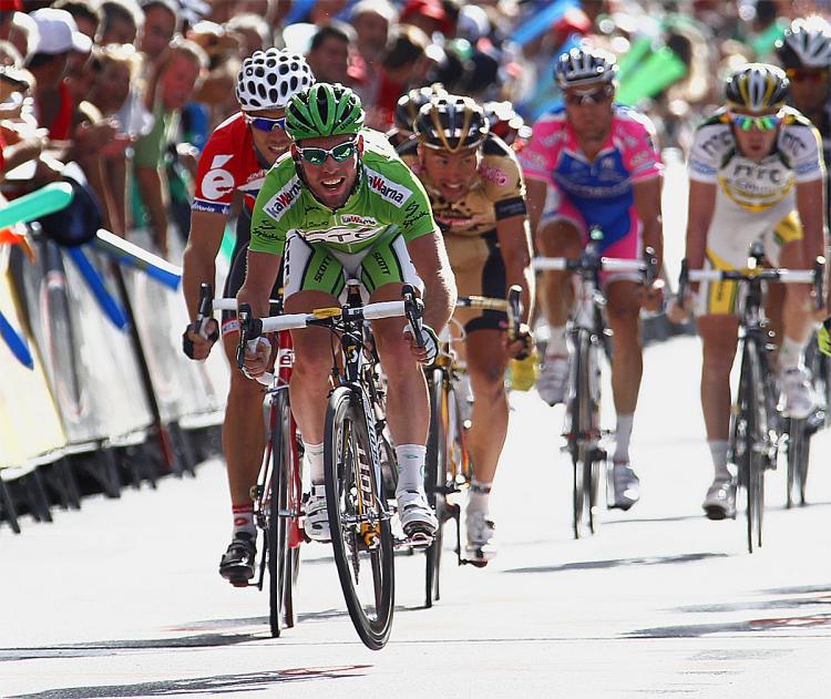 AIRBORNE: Mark Cavendish hops across the finish line of Stage 13 of the 2010 Vuelta a España, his second stage win in a row. (Jaime Reina/AFP/Getty Images)