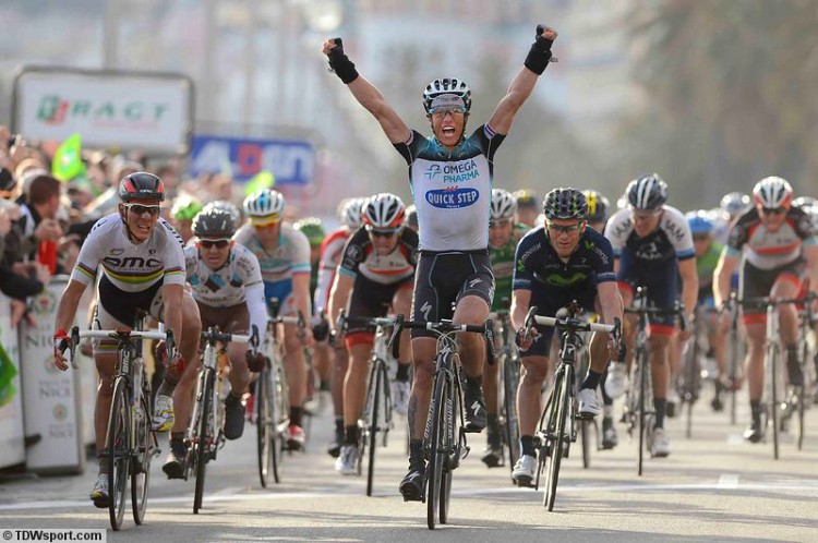 Omega Pharma-Quickstep's Sylvain Chavanel celebrates winning Stage Six of the 2013 Paris-Nice cycling race. (omegapharma-quickstep.com)