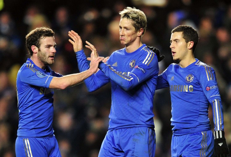 Chelsea's Fernando Torres (C) reacts after scoring his team's second goal. Chelsea was knocked out of the Champions League despite a big win on Wednesday.  (Glyn Kirk/AFP/Getty Images) 