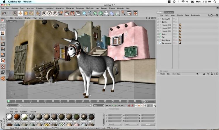 Provided images of a donkey and Mexican town are rendered in Maxon Cinema 4D Release 11.5. The software allows for advanced 3D rendering and animation. (The Epoch Times)