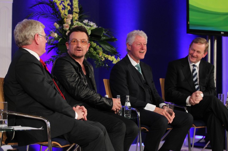 Global Irish Economic Forum Day 2 08.10.11, Pictured at the 2nd Day of the Global Irish Economic Forum at Dublin Castle. From left: An Tanaiste, Eamon Gilmore TD;  Bono;  former United States President Bill Clinton and An Taoiseach Enda Kenny TD  (courtesy of Maxwell Photography)