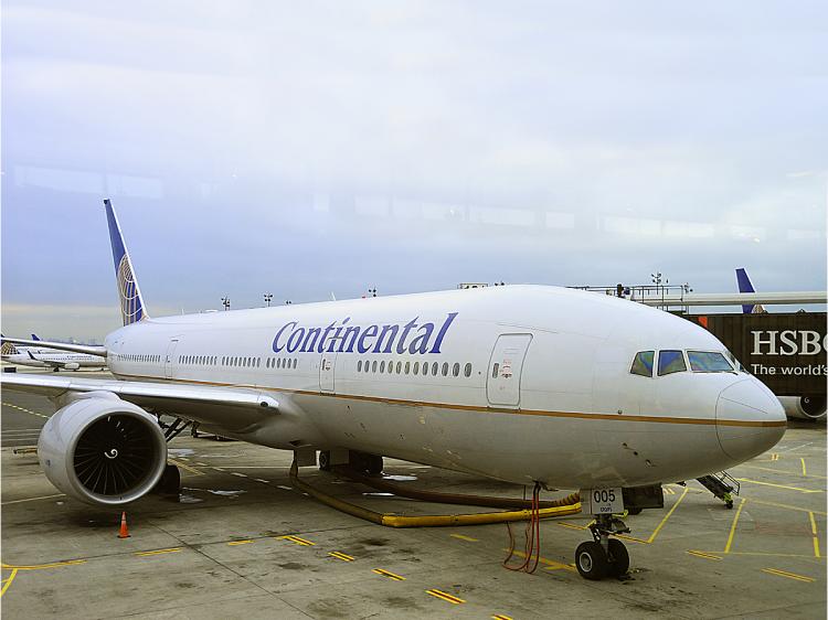 MERGER? This November 24, 2009 photo shows a Continental Airlines jet at the gate at the Newark Liberty International Airport in Newark, New Jersey. (Karen Bleier/AFP/Getty Images)