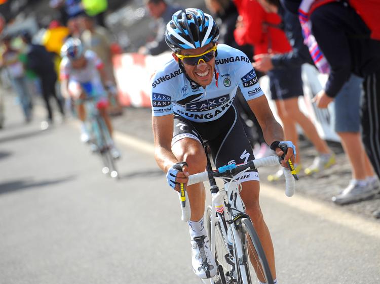 TOO STRONG: Alberto Contador drops José Rujano on the slopes of Mount Etna in the closing kilometers of Stage Nine of the Giro d'Italia. (Luk Benies/AFP/Getty Images)