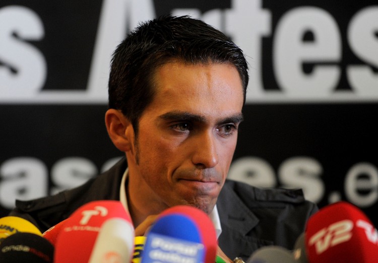 Alberto Contador speaks during a press conference