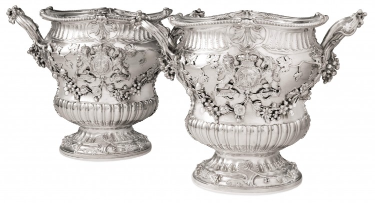 This rare pair of early George III silver wine coolers ($500,000 to $700,000) allowed John, 2nd Earl of Buckinghamshire, to dazzle as ambassador to the court of Catherine the Great. (Courtesy of Sotheby's)
