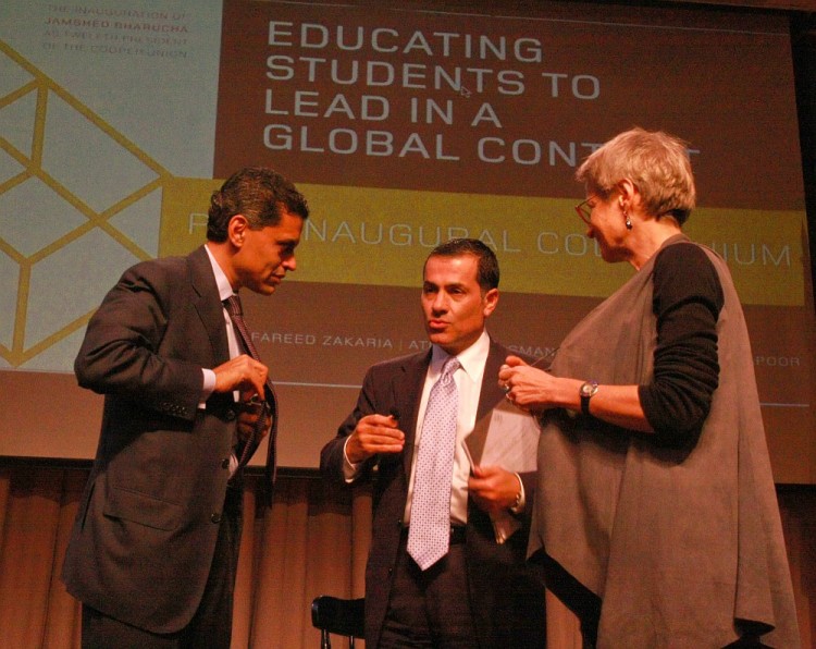 Fareed Zakaria (L), Host of CNN's Fareed Zakaria GPS, talks with fellow panelists Vali Nasr, a professor of International Politics at Tufts University, and Atina Grossman (R), professor of History at The Cooper Union, after they spoke about educating students to lead in a global context at The Cooper Union on Monday. (Zack Stieber/The Epoch Times)
