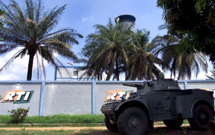 ROVOCATIVE REPORTS: A tank stands outside a site of state-owned Rediffusion Television Ivoirienne (RTI). Anti-U.N. reports by the media have been followed by a number of attacks on U.N. staff in the Ivory Coast over the past month. Photo from Media Founda (Courtesy of IFJ)